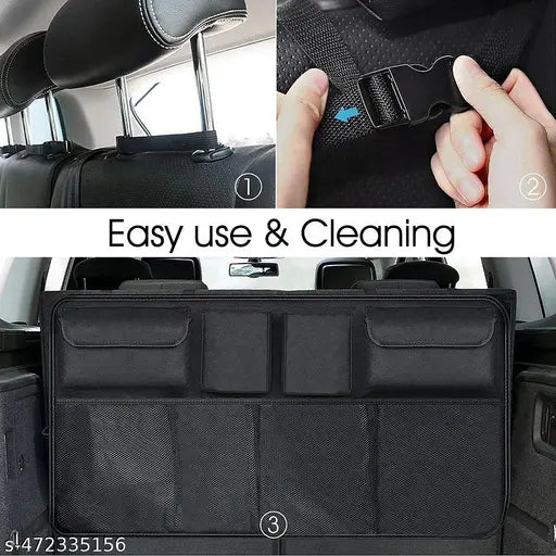 Black backseat hanging organizer for cars with adjustable headrest straps buckle and multiple storage pockets