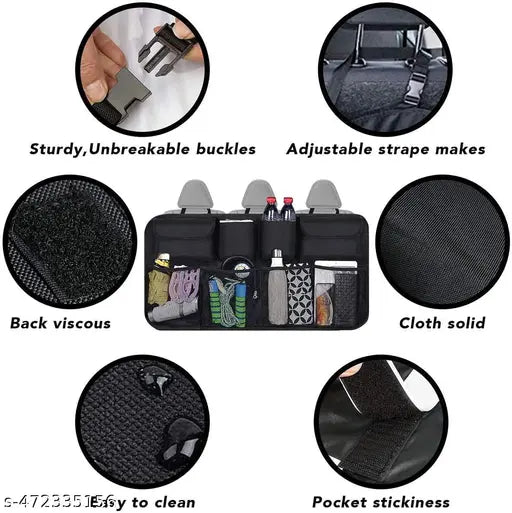 Black backseat hanging organizer for cars with multiple pockets adjustable straps unbreakable buckles and bottle holders
