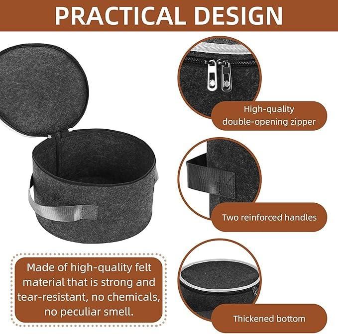 Round black felt dish storage with protection featuring a double-opening zipper and reinforced handles