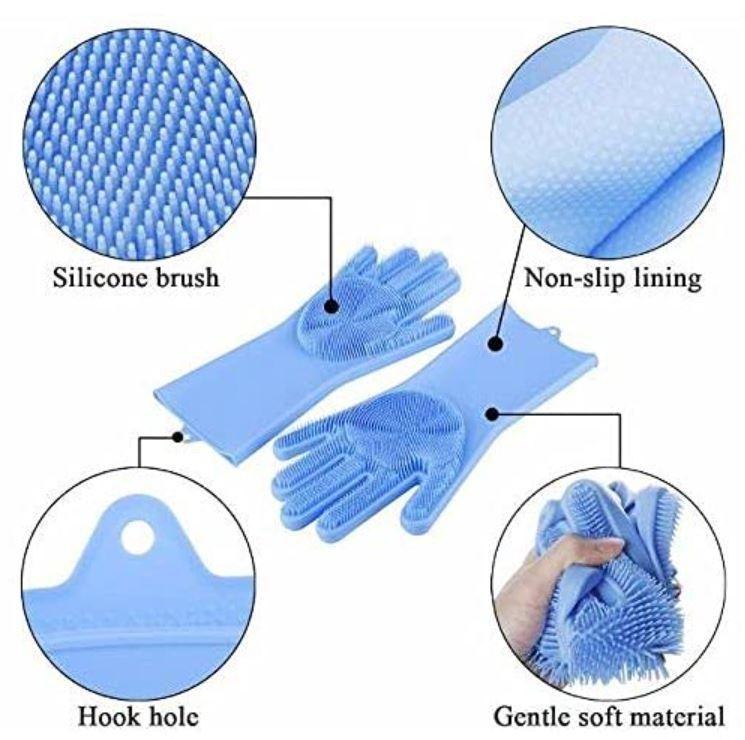 Pair of blue silicone brush gloves with non slip lining and hook hole heat resistant cleaning gloves for kitchen