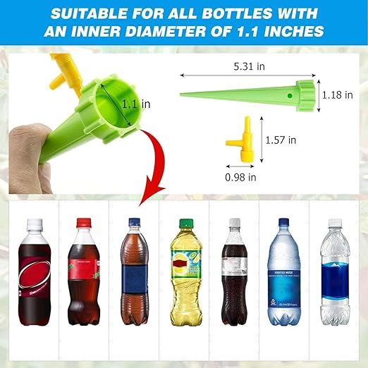 Green plastic bottle spike irrigation adapter with measurements and bottles self-watering system for indoor plants