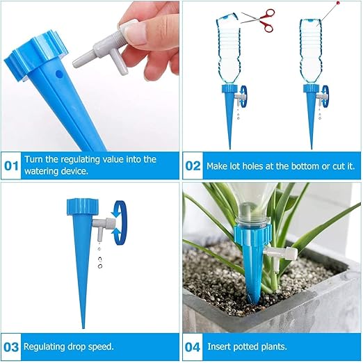 Blue spike self-watering system for indoor plants with adjustable drip valve shown inserted in potted plant