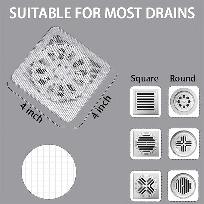 Square 4 inch mesh drain cover showing compatibility with most square and round drains shower mesh drain catcher stickers