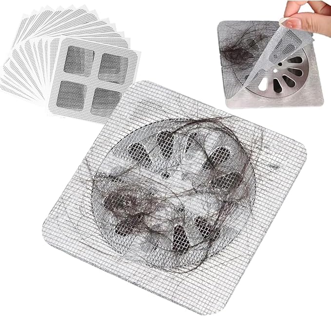 Square adhesive mesh drain covers with trapped hair being peeled off showing shower mesh drain catcher stickers pack