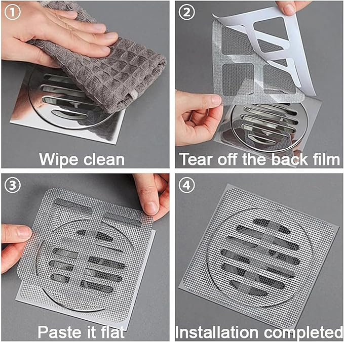 Four step installation of shower mesh drain catcher stickers over square floor drain showing wipe peel paste completed