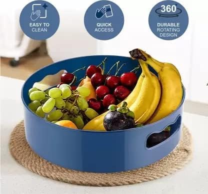 Blue rotating 360 fruit tray with handles holding bananas grapes cherries multi-function kitchen organizer India