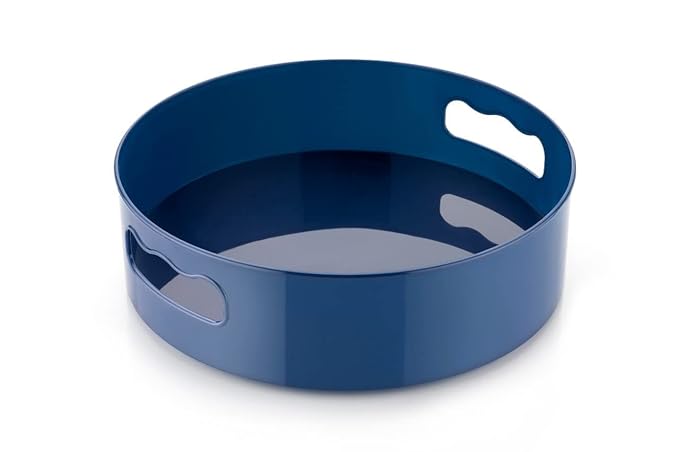 Blue round metal utensil tray with cutout handles for countertop storage multi-function kitchen organizer India