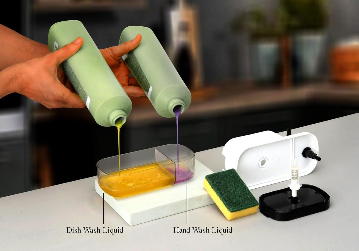 3 in 1 soap dispenser for kitchen sink with dual refill bottles pouring dish wash and hand wash liquids and sponge