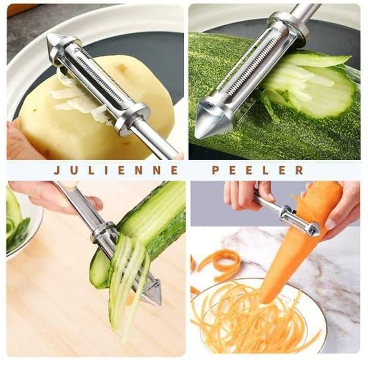Multifunctional fruit and vegetable peeler demonstrating julienne and peeling techniques on various produce