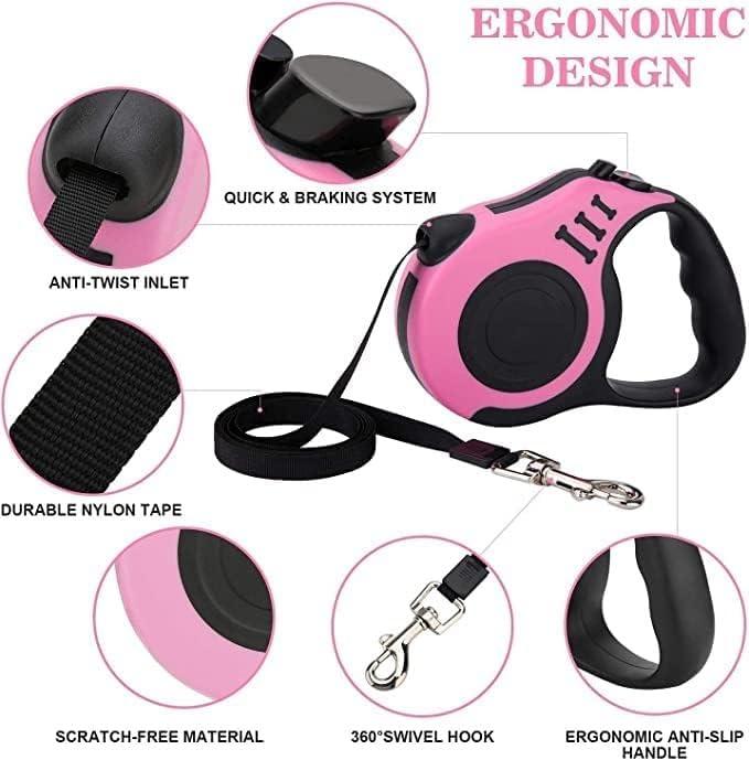 Pink and black retractable dog leash with ergonomic handle and 360 swivel hook 500 cm pet leash multicolor