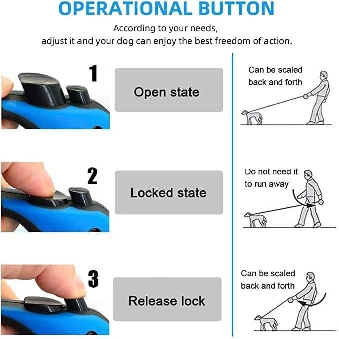 Retractable dog leash operational buttons showing open locked and release lock states 500 cm pet leash multicolor