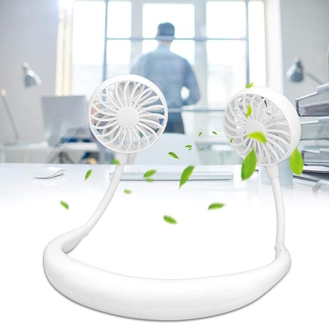 White hands free wearable dual fan with LED light for personal cooling at desk or travel neck fan with light for summer