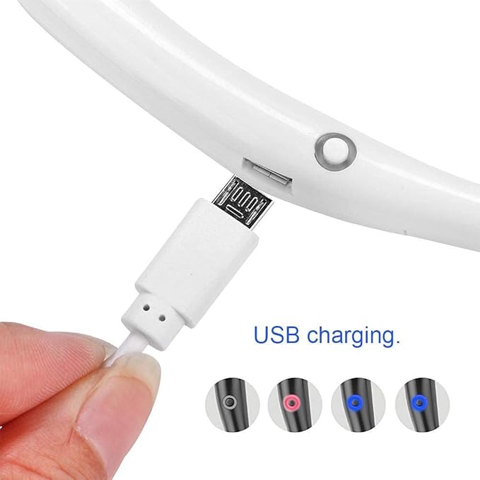 White USB charging port and power button on wearable neck fan with LED color options neck fan with light for summer
