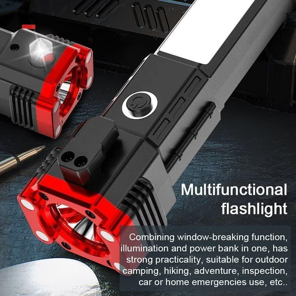 Black and red multifunction flashlight showing COB panel and USB ports portable multi function torch with power bank for camping