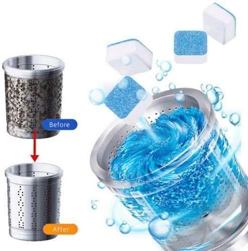 Washing machine cleaner tablets effectively removing dirt, showcasing before and after results