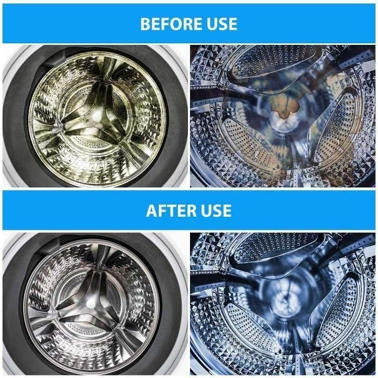 Washing machine cleaner tablets shown before and after use, demonstrating effectiveness in cleaning drum