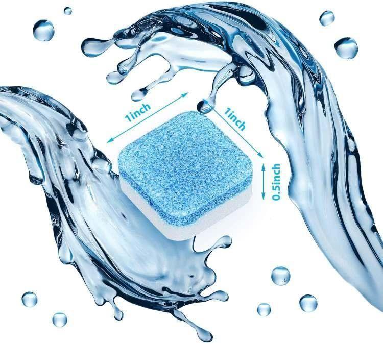 Washing machine cleaner tablets in blue, dissolving in water for effective appliance cleaning