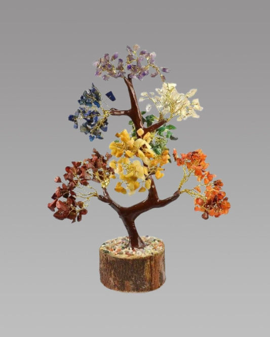 Colorful 7 chakra gemstone tree with vibrant crystals on branches for home decor and healing energy