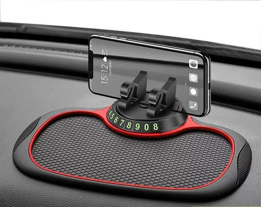 Anti-slip car dashboard mat with phone holder and vibrant red accents for secure placement