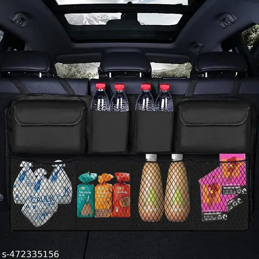 Black backseat hanging organizer for cars with mesh pocket holding bottles snacks and three upper storage pockets
