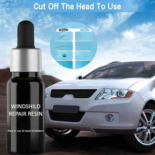 Windshield repair resin bottle beside a white car showing use steps for glass repair kit for car windshield