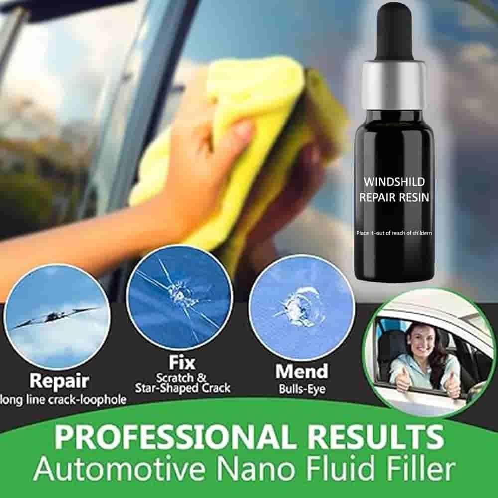 Bottle of windshield repair resin with microfiber cloth showing glass repair kit for car windshield repairing chips and cracks