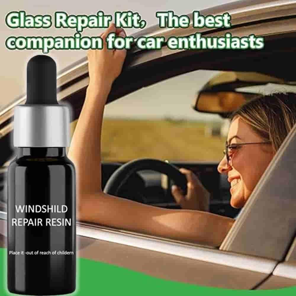 Dropper bottle of windshield repair resin beside smiling driver in car promoting glass repair kit for car windshield use