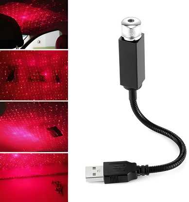 Car star ceiling light with USB connector and flexible gooseneck for easy installation in vehicles