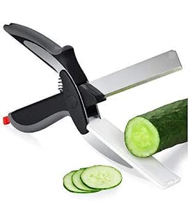 multi functional kitchen scissors cutting cucumber with integrated slicing guide and protective sheath for easy prep