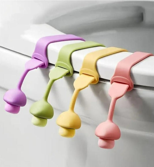 Colorful bathroom seat lifters in purple, green, yellow, and pink for easy toilet seat lifting