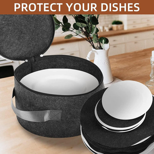 Dish storage with protection in a durable felt case, neatly holding stacked plates for safe storage