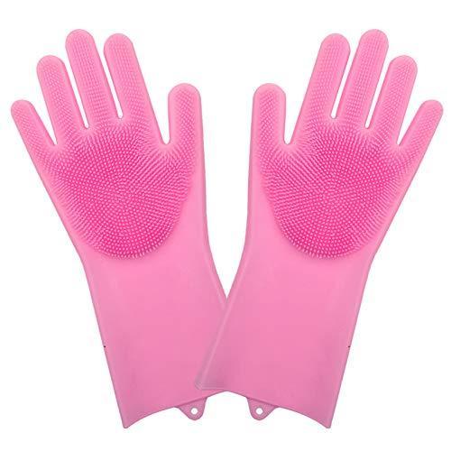 Pink silicone five finger scrub gloves with bristled palms and long cuffs heat resistant cleaning gloves for kitchen