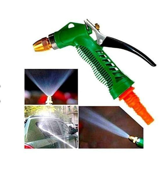 Green handheld multi-purpose spray gun for gardening with brass adjustable nozzle black trigger and orange hose connector