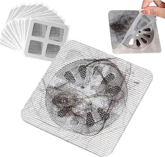 Square adhesive mesh drain covers with trapped hair being peeled off showing shower mesh drain catcher stickers pack