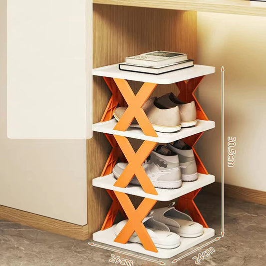 Three tier collapsible shoe organizer with orange X supports and white shelves foldable shoe rack for home