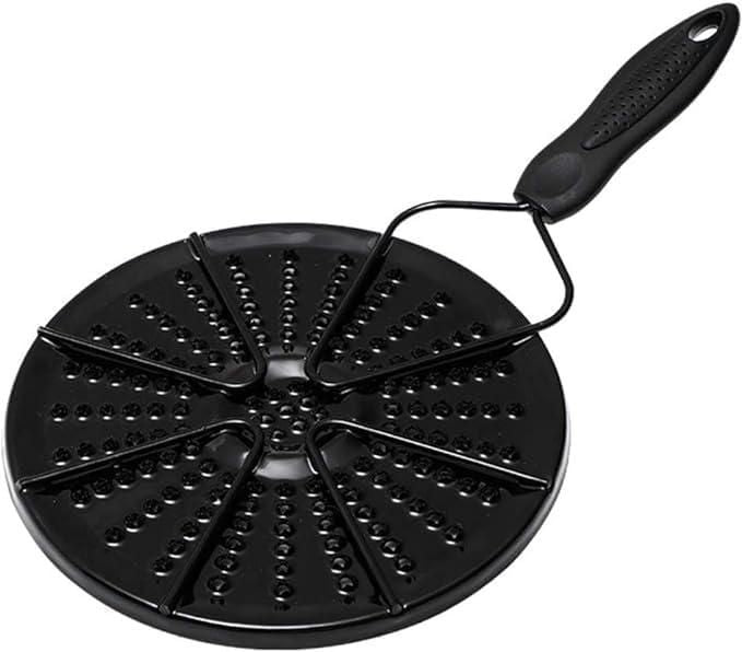 Black gas and electric stove diffuser with a sturdy handle and evenly spaced holes for heat distribution