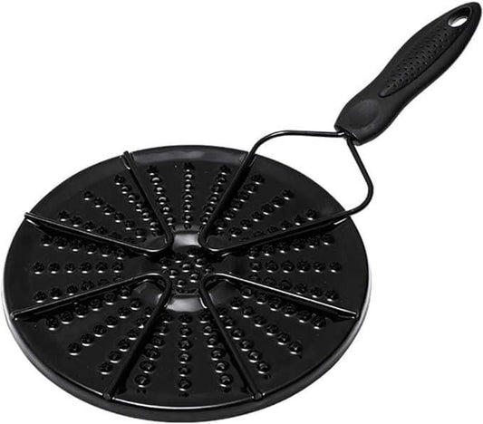 Black gas and electric stove diffuser with a sturdy handle and evenly spaced holes for heat distribution