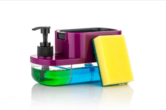 Purple 3 in 1 soap dispenser for kitchen sink with dual clear soap reservoirs green and blue and yellow sponge