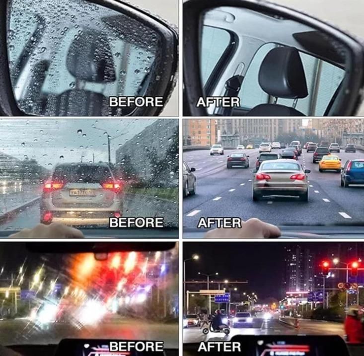 Magnetic glass cleaner showing before and after results on car windows in various weather conditions