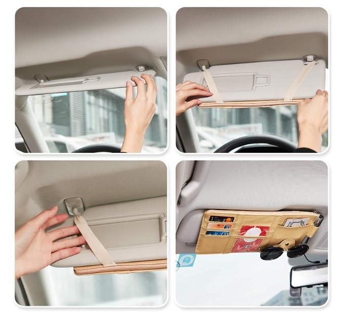 Installation steps of multi-purpose car visor storage, showing how to secure and utilize it effectively