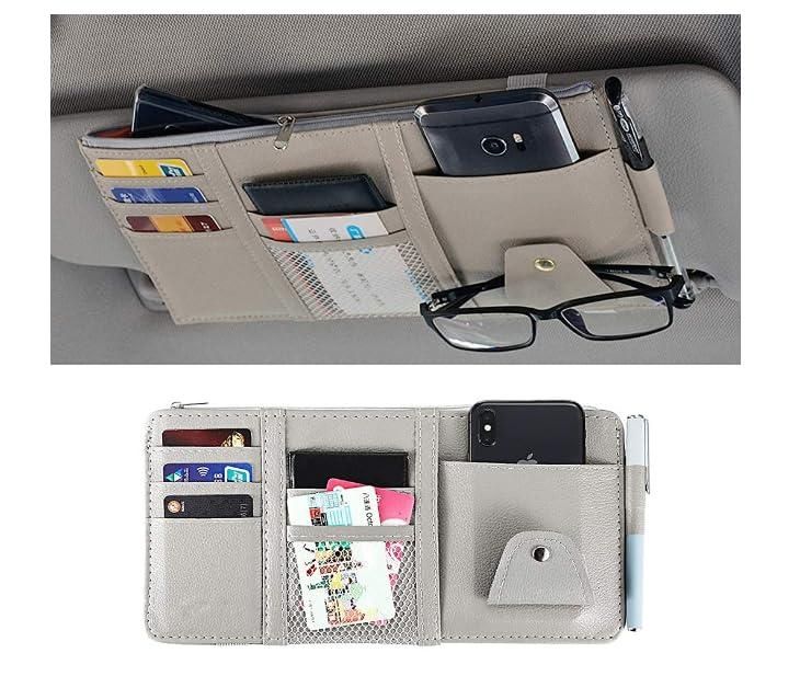 Multi-purpose car visor storage organizer with pockets for cards, glasses, and phone