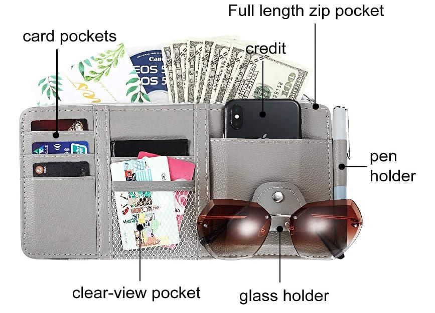 Multi-purpose car visor storage organizer with card pockets, a zip pocket, and holders for sunglasses and pens