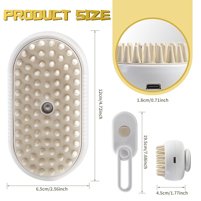 White rechargeable silicone massaging multi-purpose pet cleaning brush India with USB charging port and size measurements