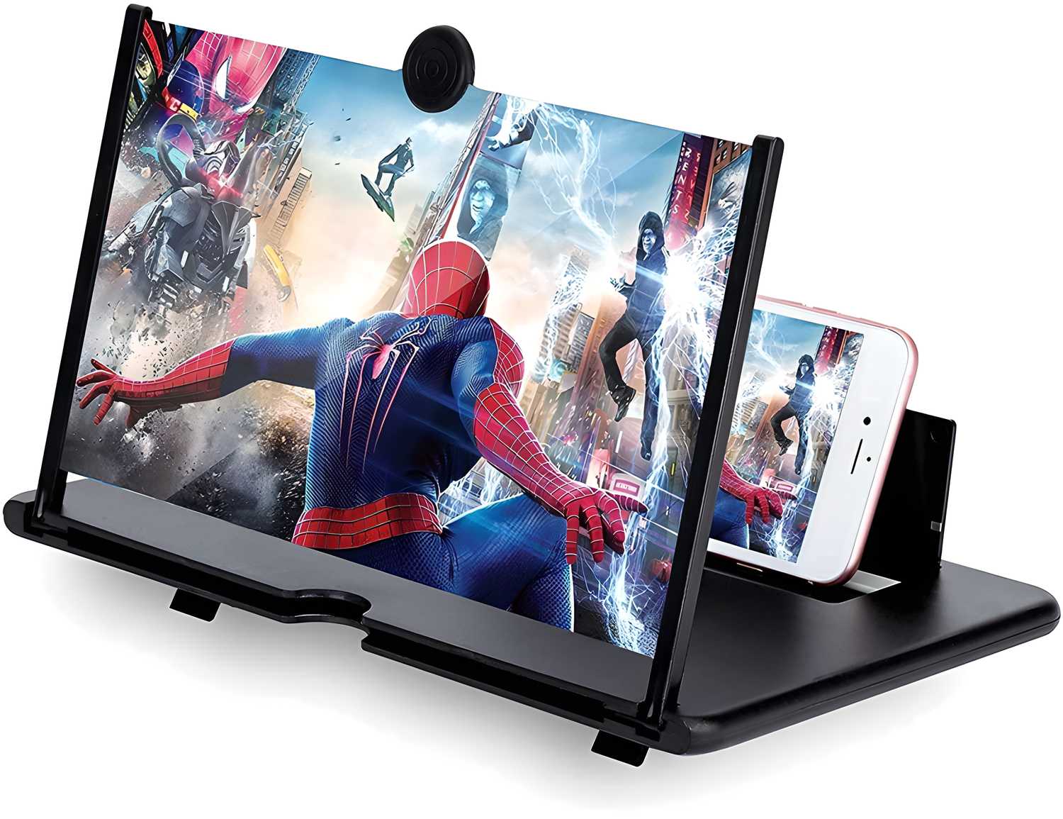 Portable screen expander for mobile displaying a vibrant Spider-Man scene with easy smartphone pairing