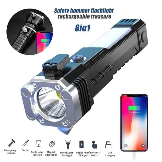 Black rechargeable portable multi function torch with power bank showing main beam side lamp safety hammer and phone charging