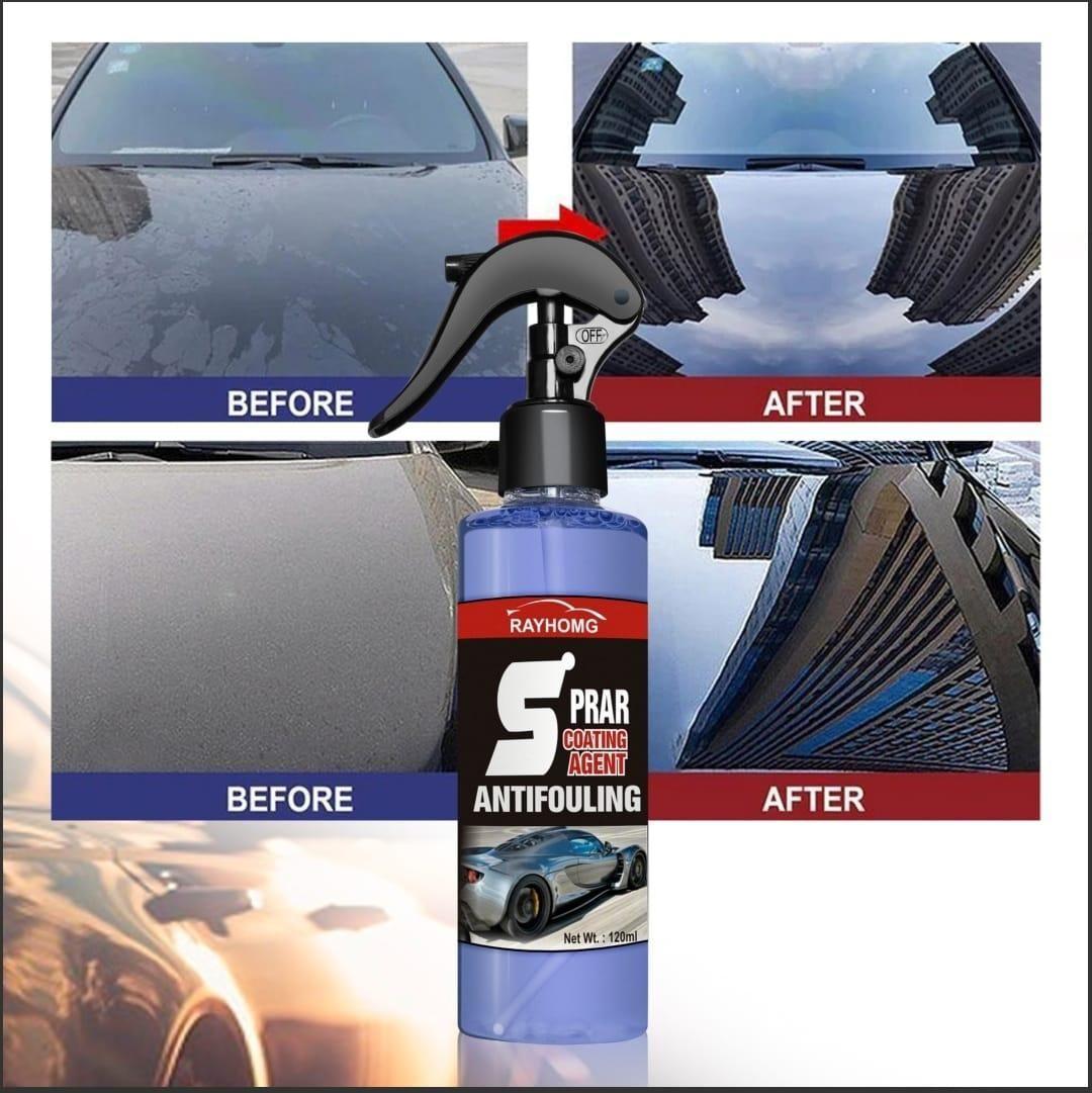 Rayhomg car coating spray for glass trigger bottle showing before and after water beading and paint shine