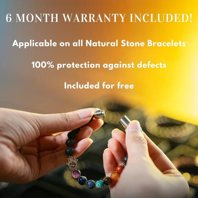 Person holding a Super 9 Chakra Bracelet emphasizing natural stones and warranty details