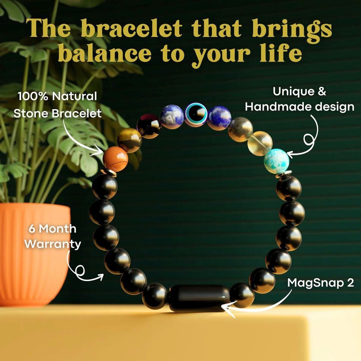 Super 9 Chakra Bracelet made of 100% natural stones with a unique handmade design for balance